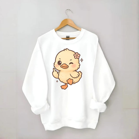 fluffy baby duck with small flower, one webbed foot raised sassily - Crewneck Sweatshirt - white