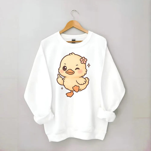 fluffy baby duck with small flower, one webbed foot raised sassily - Crewneck Sweatshirt