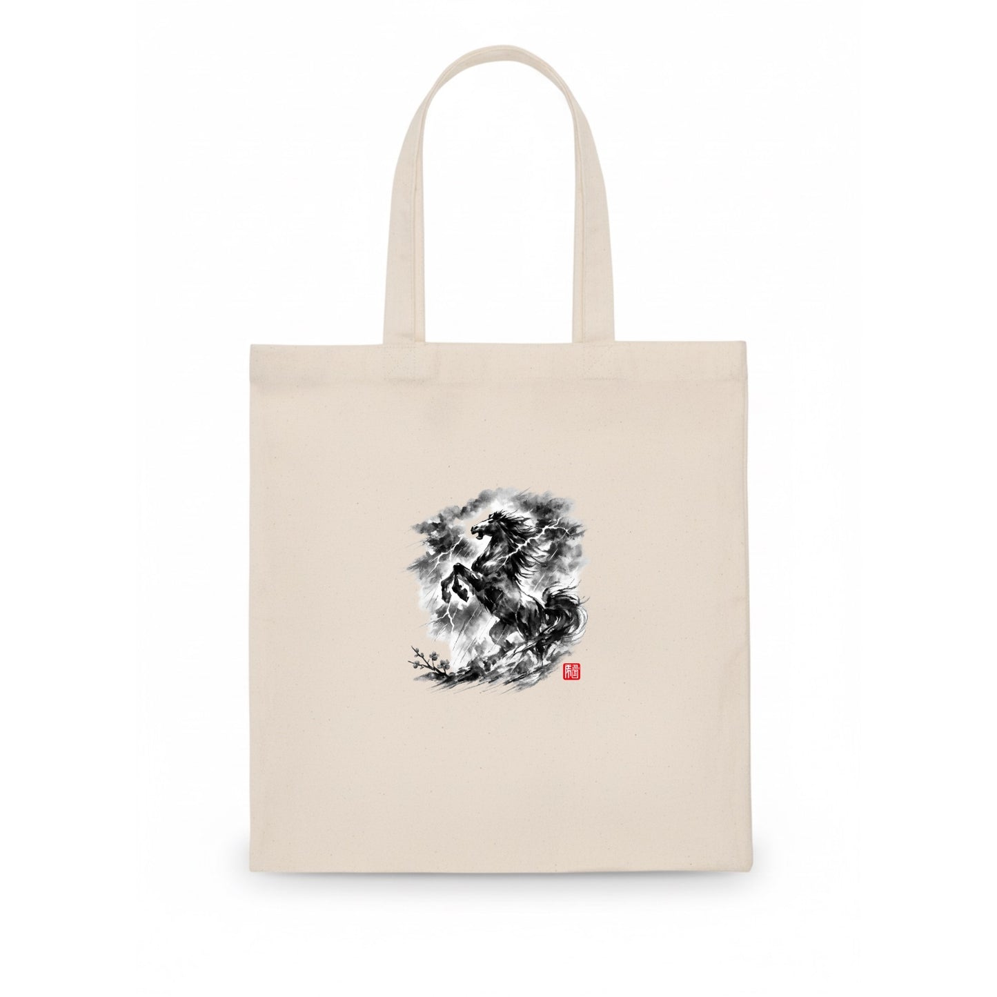 THUNDER HORSE | Storm horse with lightning elements | Dramatic storm clouds background | - Tote Bag - white