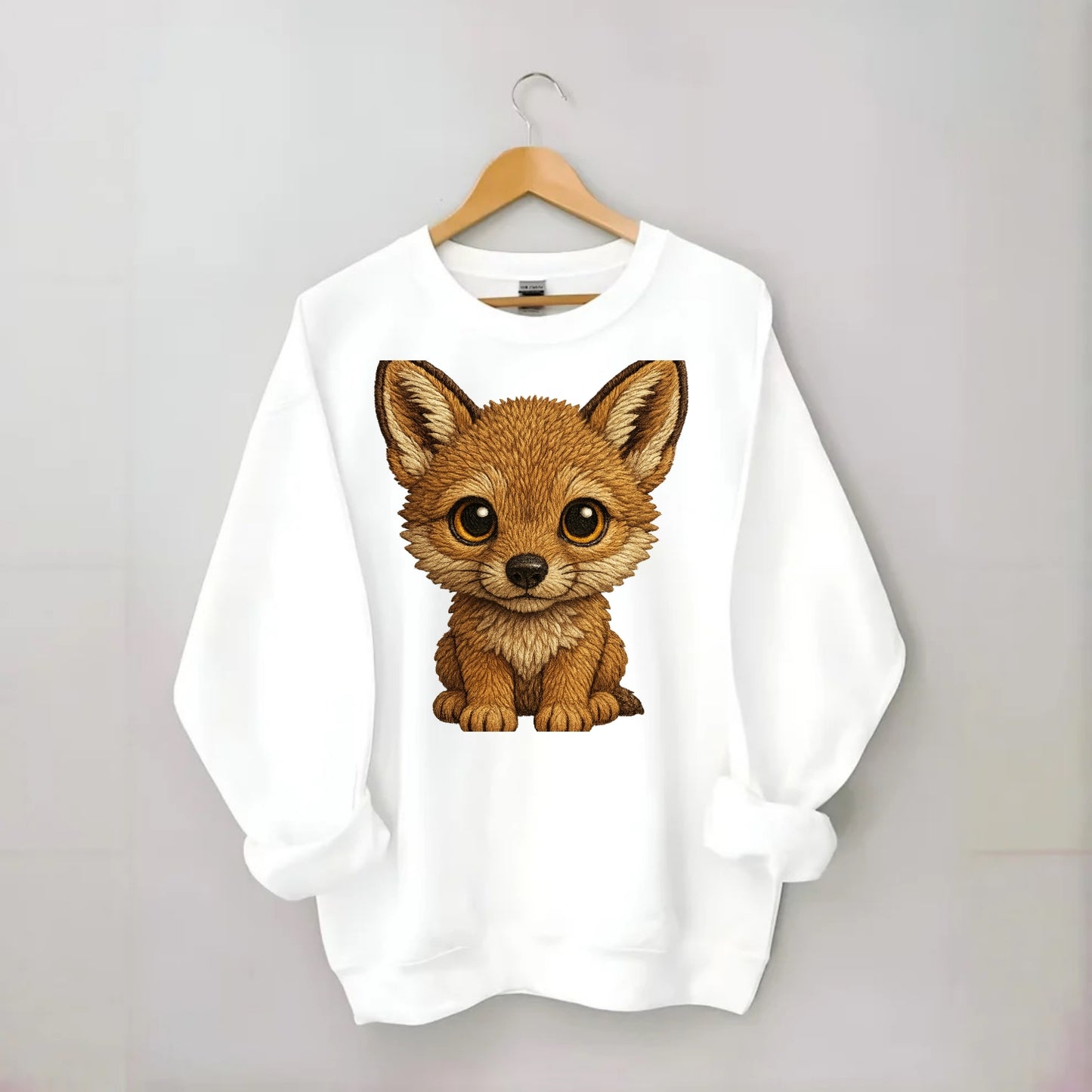 Baby Coyote Pup - tan fur, large ears, golden eyes, front-facing, clever baby - Crewneck Sweatshirt - white