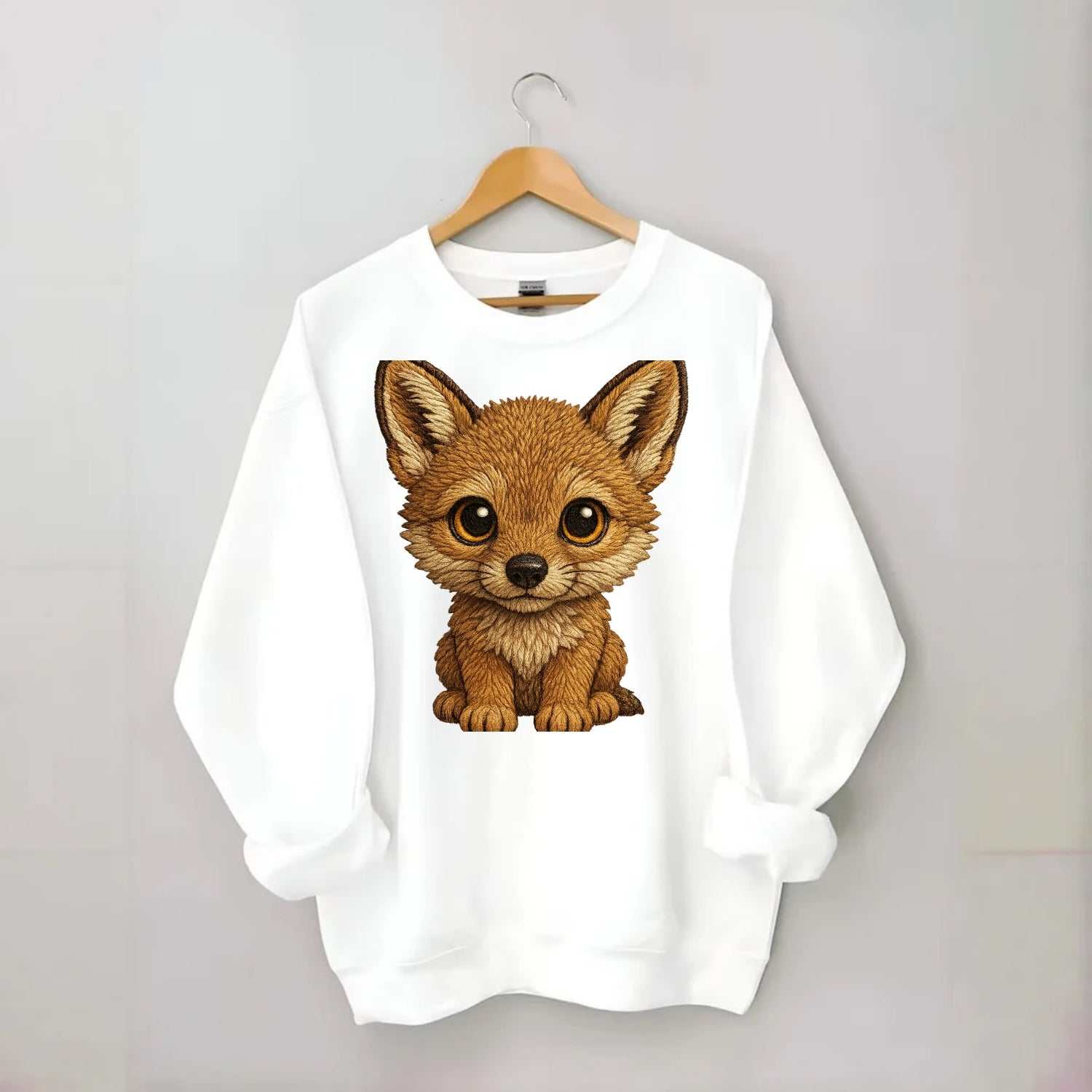 Baby Coyote Pup - tan fur, large ears, golden eyes, front-facing, clever baby - Crewneck Sweatshirt - white