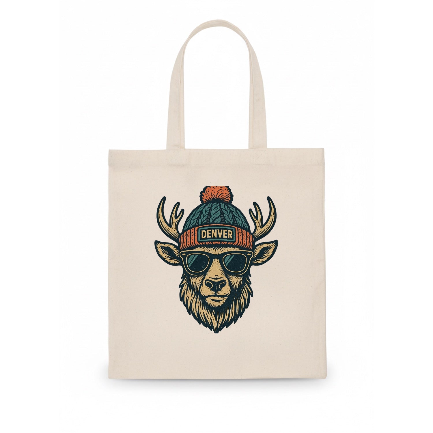 Denver Elk wearing Denver beanie with pom pom and wayfarer sunglasses - Tote Bag - white
