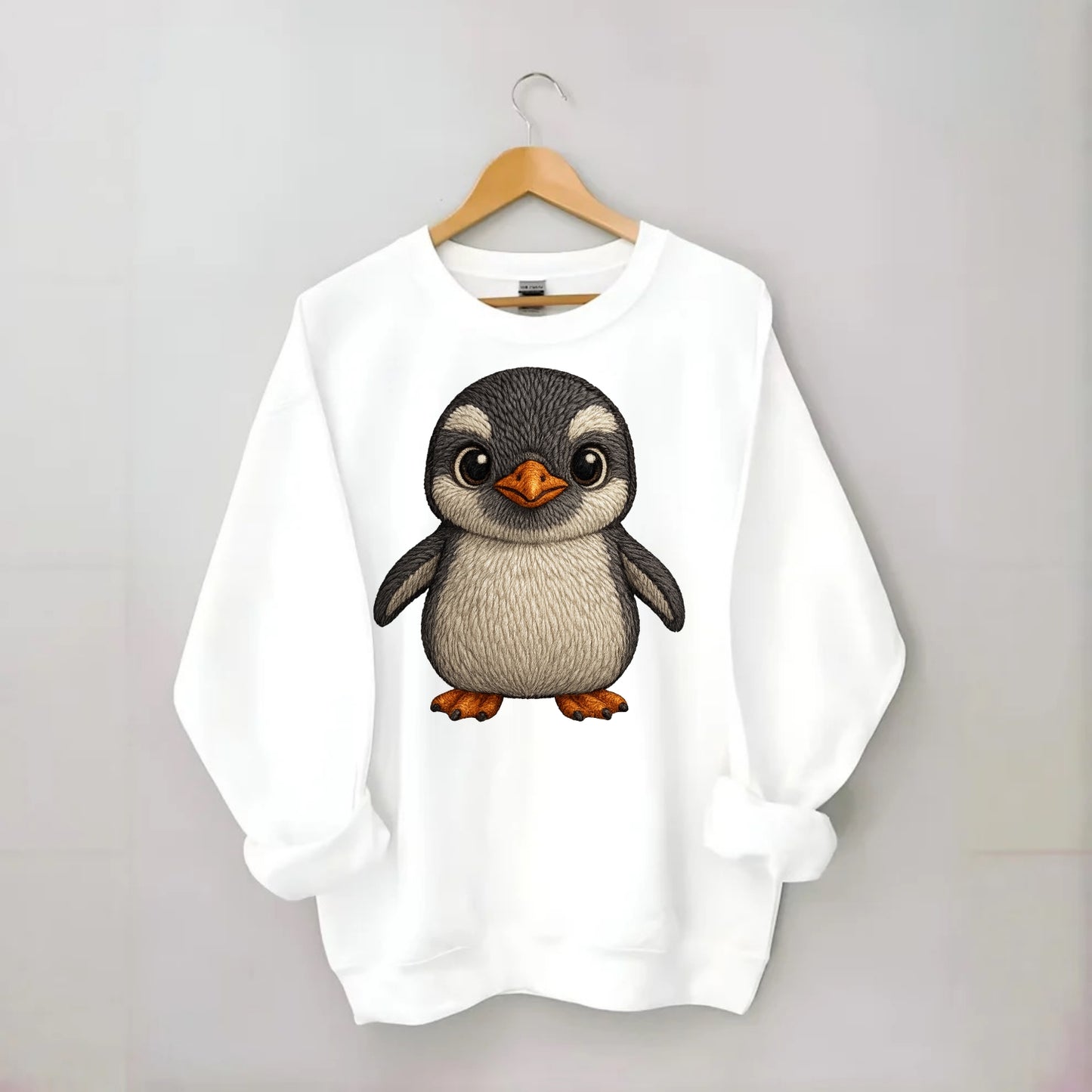 Baby Gentoo Penguin - orange beak, white cap, bright eyes, front-facing, - Crewneck Sweatshirt - white
