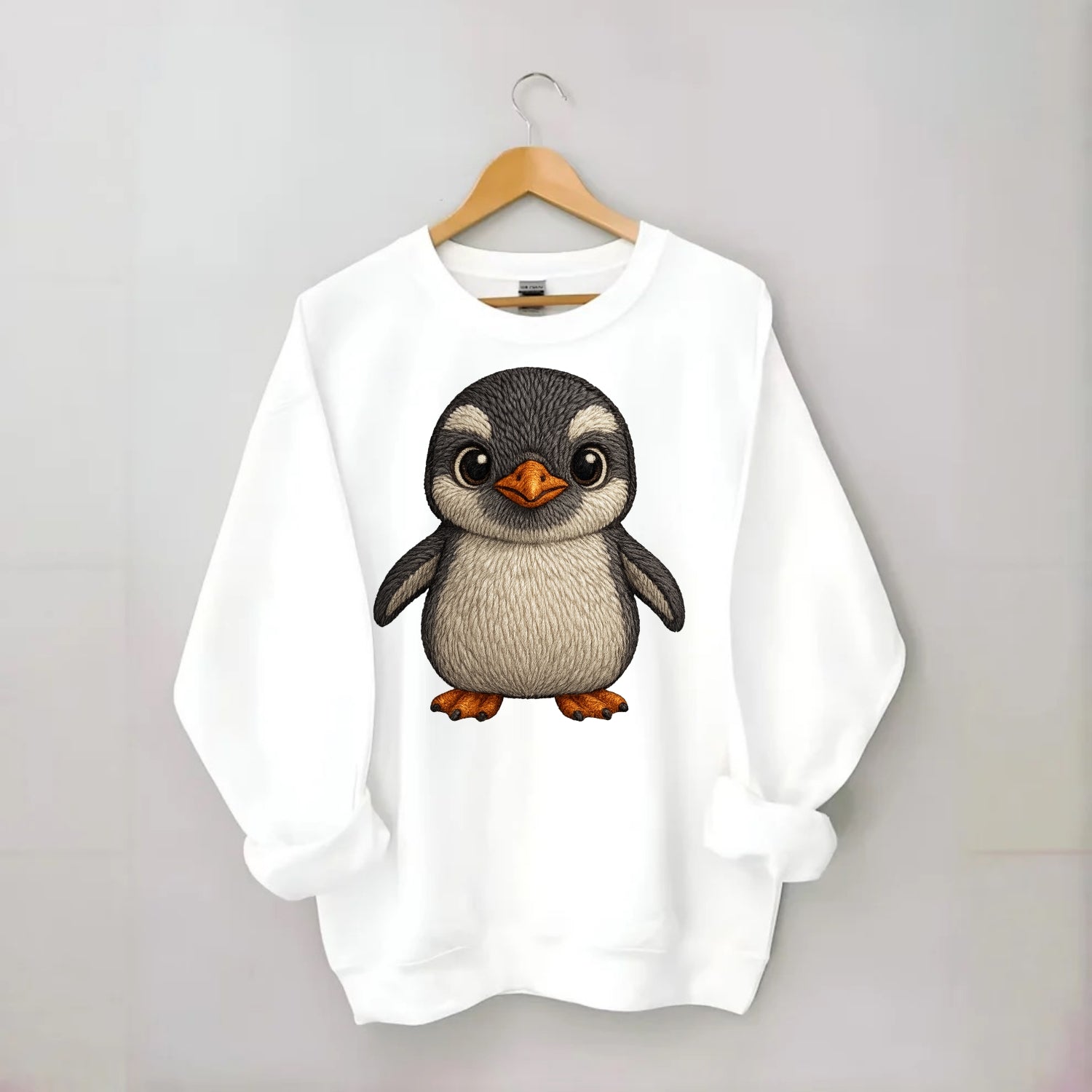 Baby Gentoo Penguin - orange beak, white cap, bright eyes, front-facing, - Crewneck Sweatshirt - white