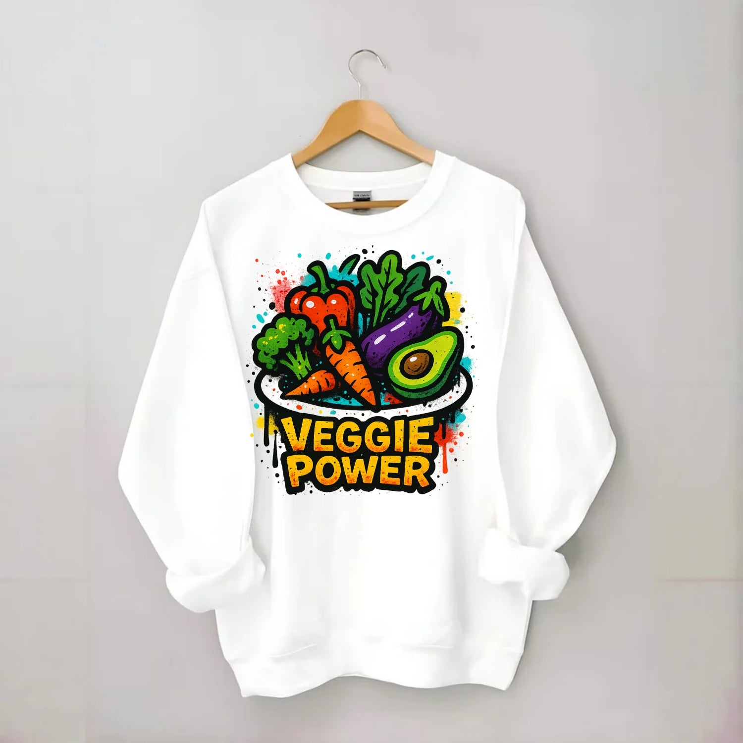 Colorful vegetables and plants on plate - plant-based lifestyle, veggie power - Crewneck Sweatshirt - white