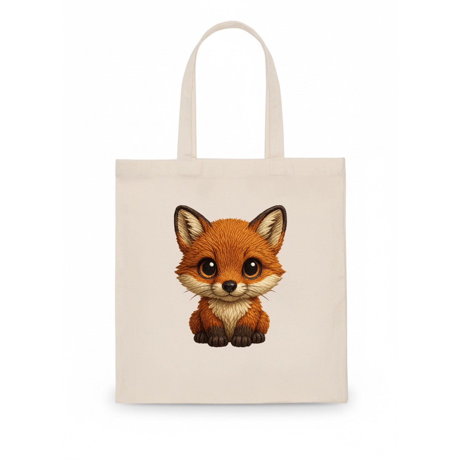 Baby Red Fox - russet fur, white chest, big amber eyes, perky ears, front-facing, curious - Tote Bag - white