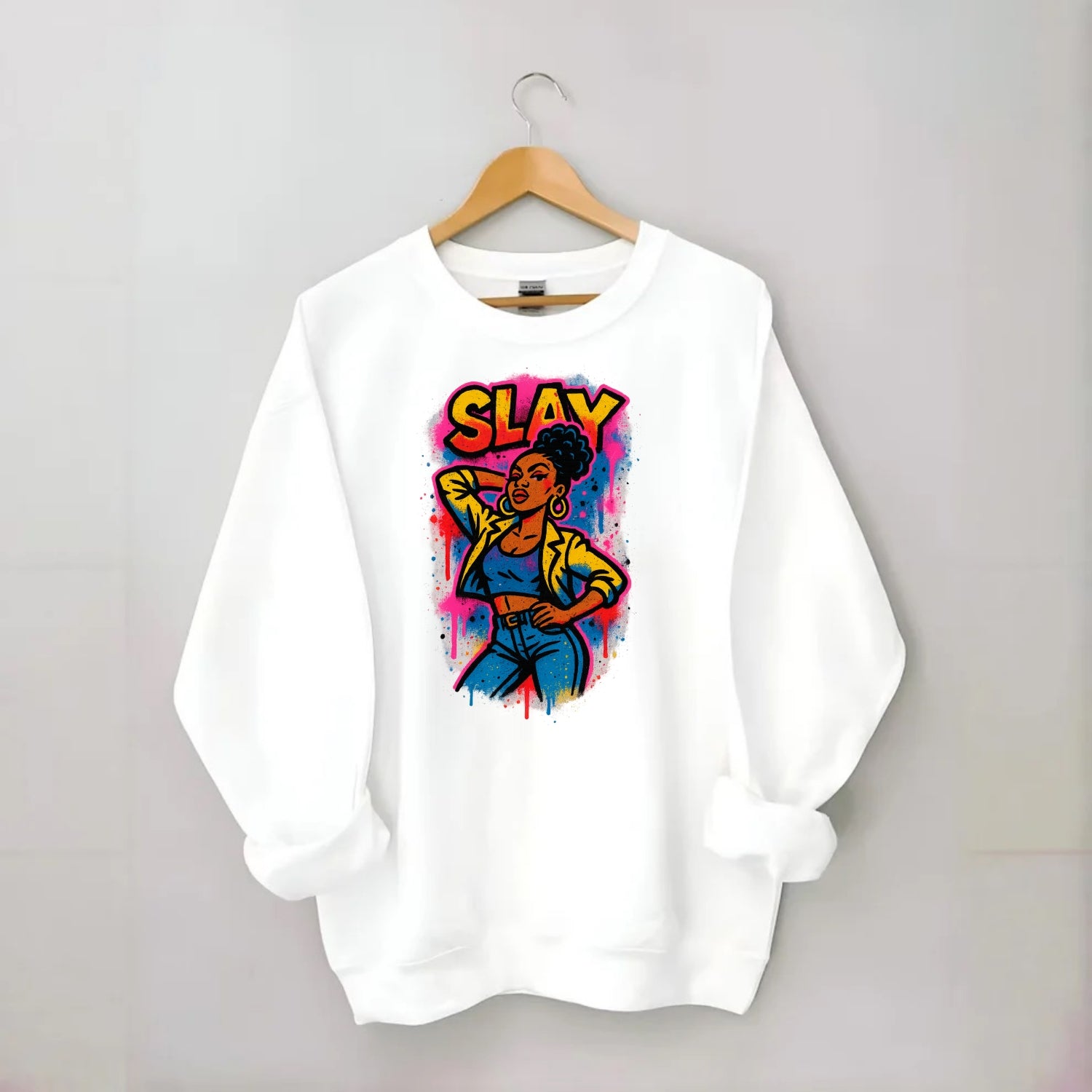 Empowered figure striking confident pose - "slay" culture, fierce and - Crewneck Sweatshirt - white