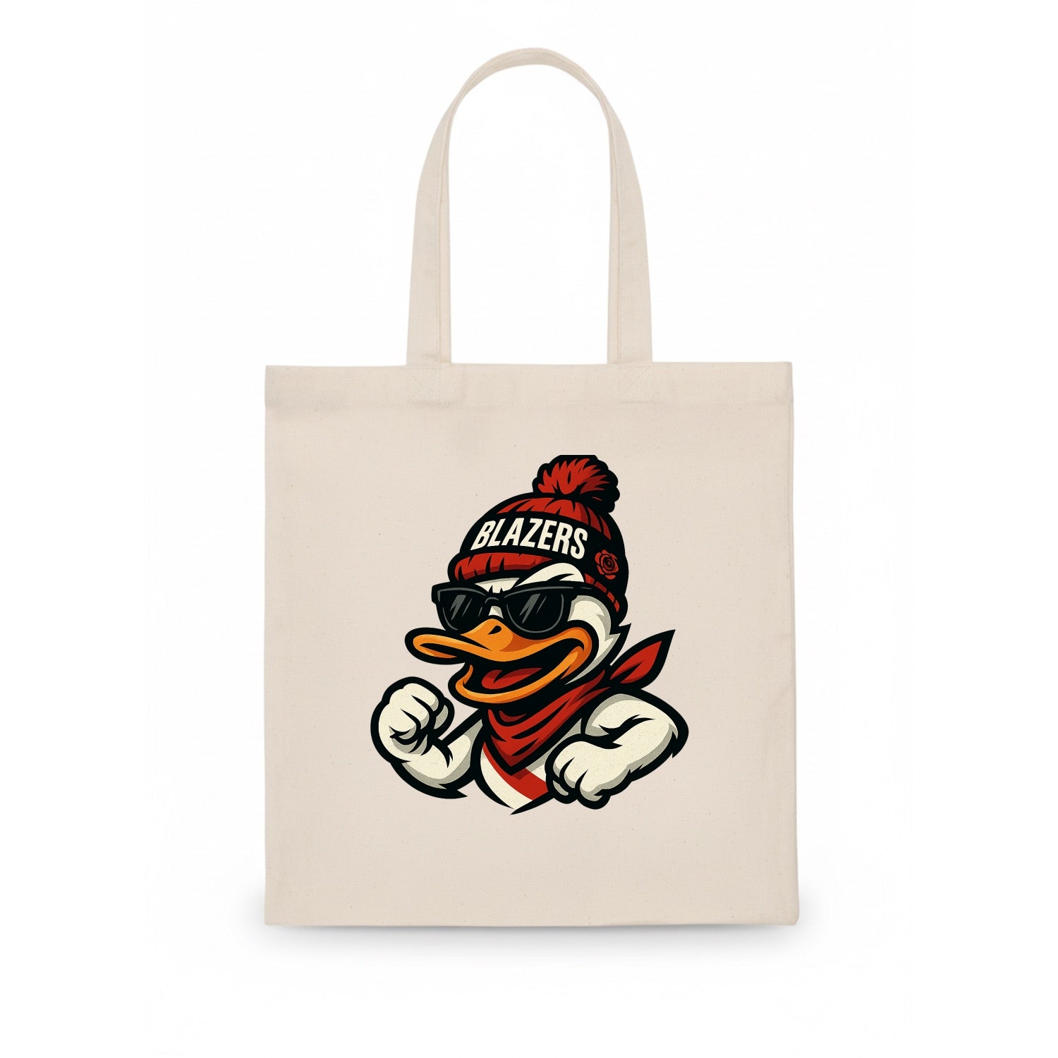 Oregon Duck wearing Trail Blazers beanie with rose patch and wayfarer sunglasses - Tote Bag - white