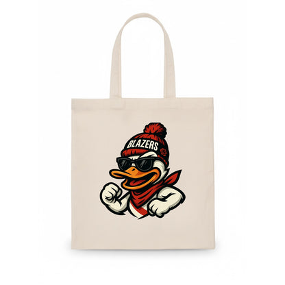 Oregon Duck wearing Trail Blazers beanie with rose patch and wayfarer sunglasses - Tote Bag - white