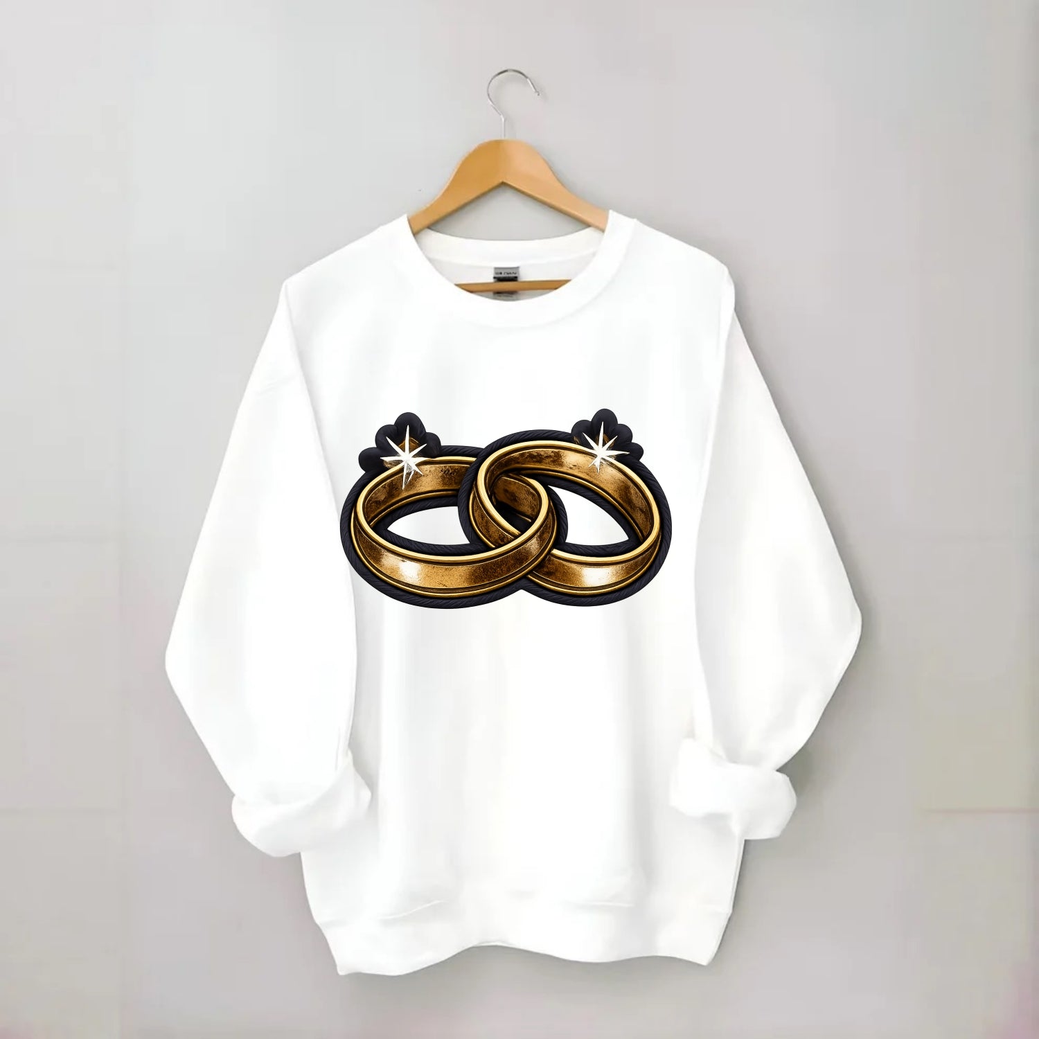 WEDDING RINGS - interlocked bands in gold , marriage - Crewneck Sweatshirt - white