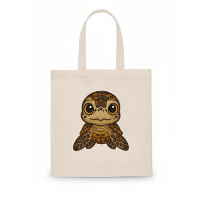 Baby Hawksbill Turtle - amber and brown shell pattern, curious golden eyes, - Tote Bag - white