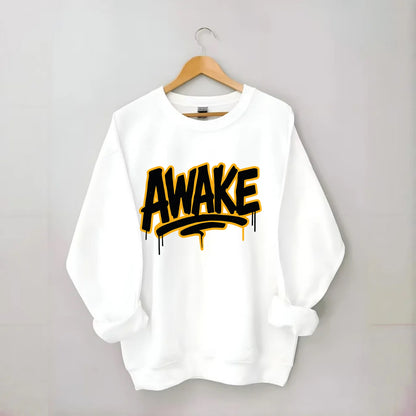 Bold typography design - "AWAKE" - conscious, aware, alert - Crewneck Sweatshirt - white