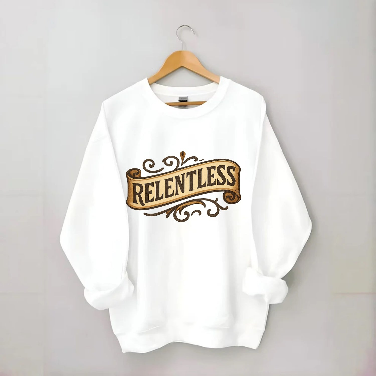 Bold typography design - "RELENTLESS" - never giving up, persistent pursuit - Crewneck Sweatshirt - white