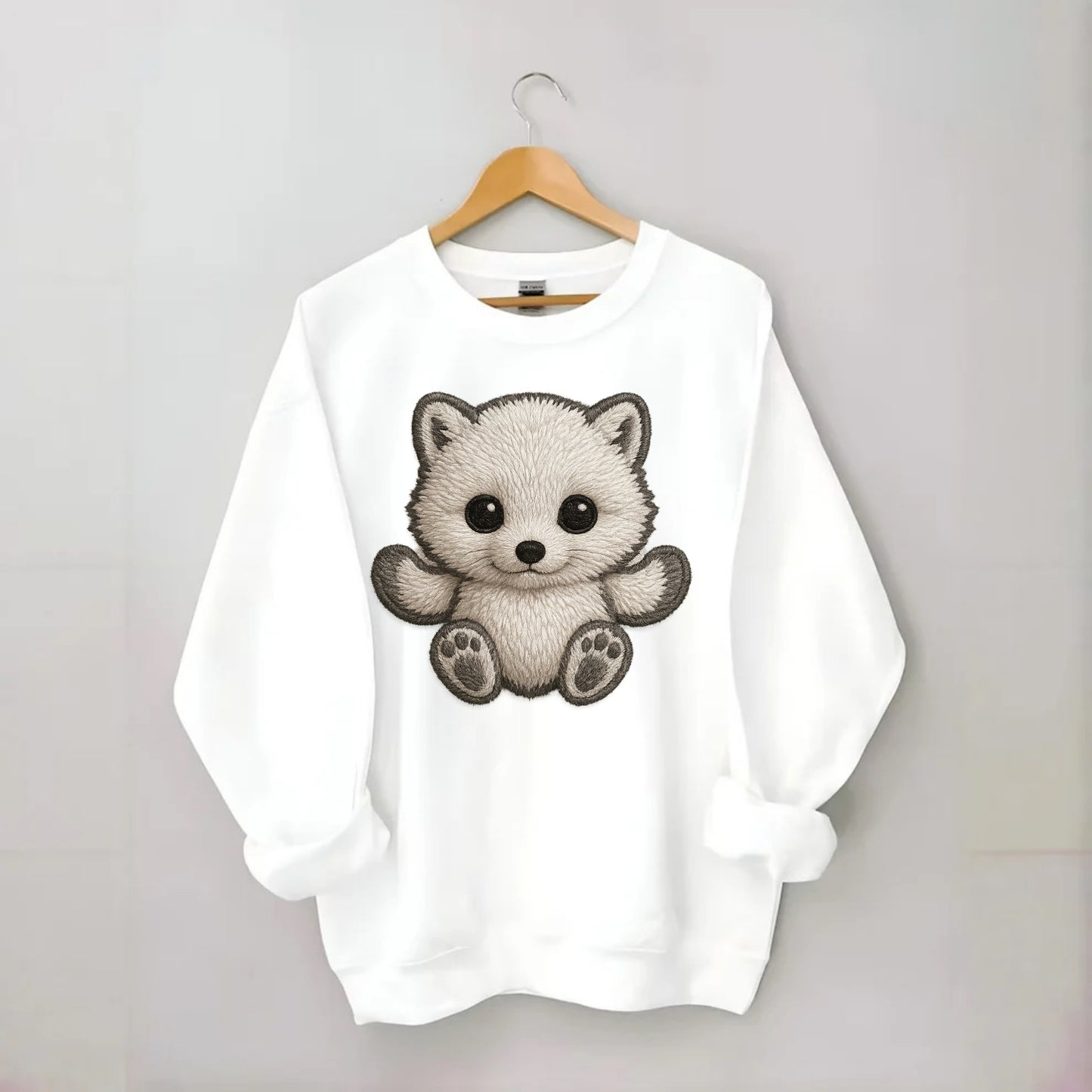 Baby Arctic Fox - white fluffy, tiny black nose, bright curious eyes, - Crewneck Sweatshirt - white