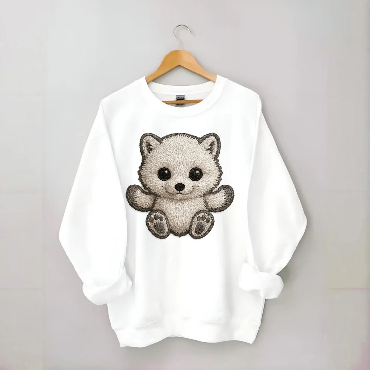 Baby Arctic Fox - white fluffy, tiny black nose, bright curious eyes, - Crewneck Sweatshirt - white
