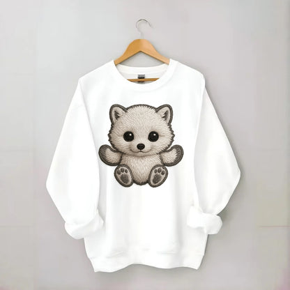 Baby Arctic Fox - white fluffy, tiny black nose, bright curious eyes, - Crewneck Sweatshirt - white