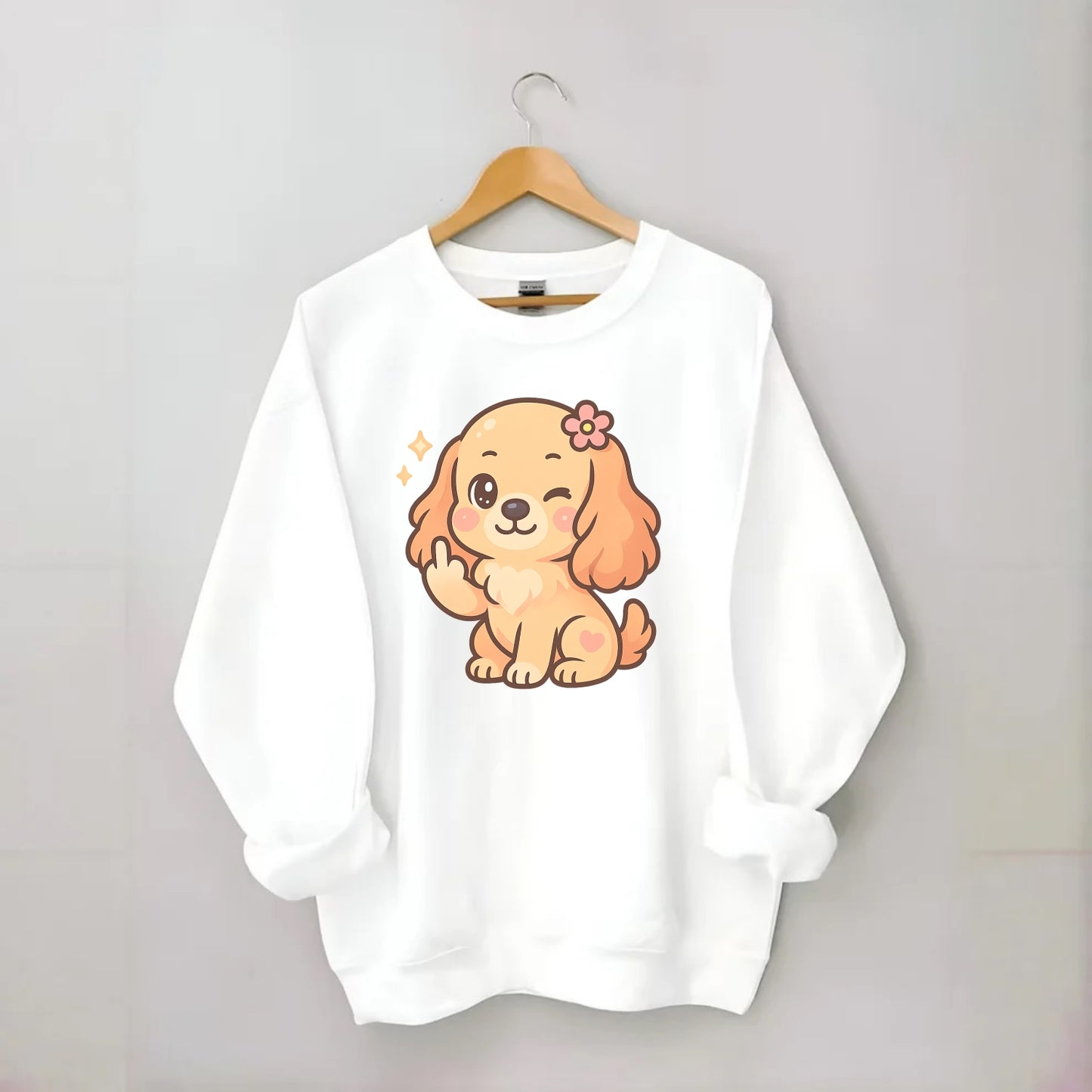 Cocker Spaniel with long wavy ears, gentle face, paw flipping off - Crewneck Sweatshirt - white