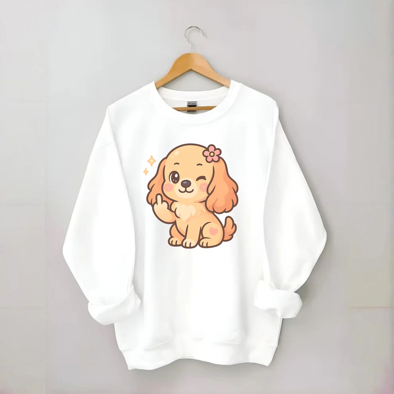 Cocker Spaniel with long wavy ears, gentle face, paw flipping off - Crewneck Sweatshirt - white