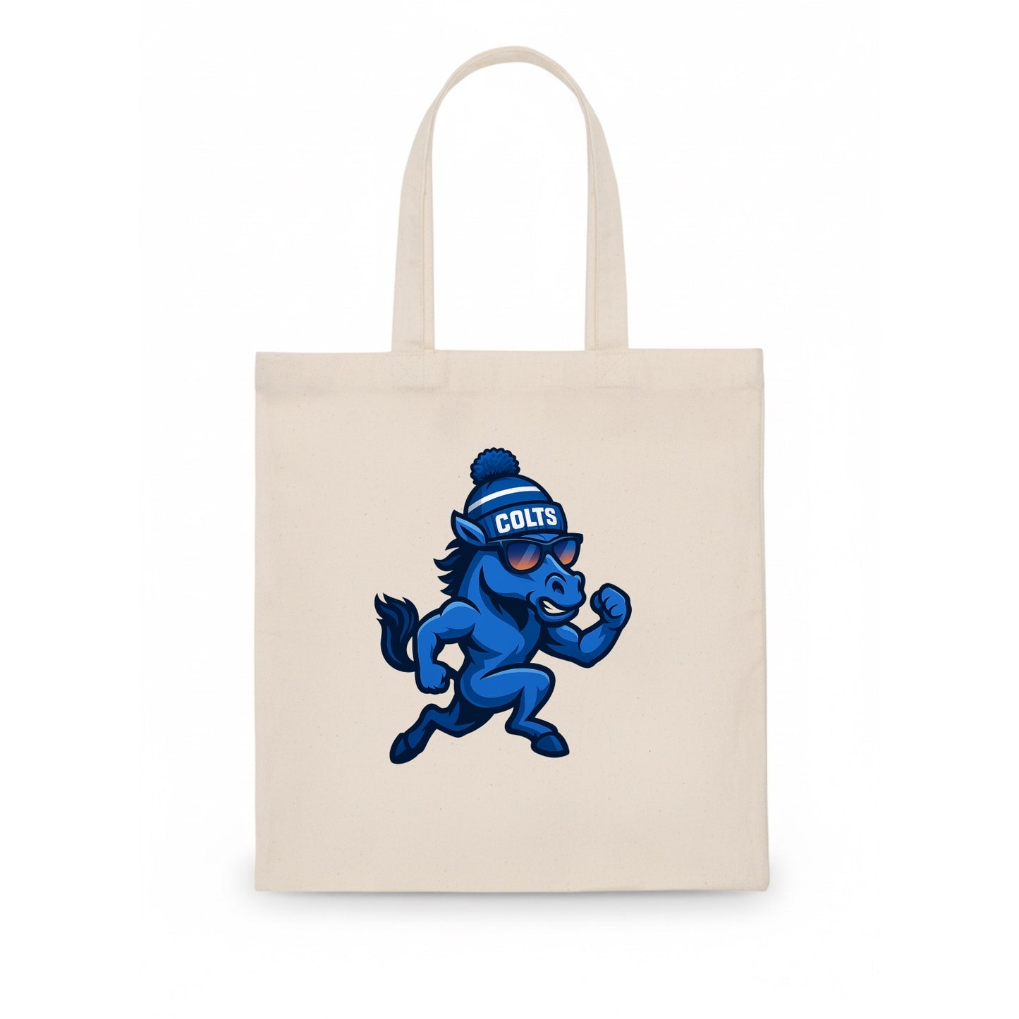 Indianapolis Colt Horse wearing Colts blue and white beanie with pom pom and wayfarer - Tote Bag - white