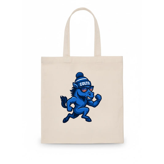 Indianapolis Colt Horse wearing Colts blue and white beanie with pom pom and wayfarer - Tote Bag - white