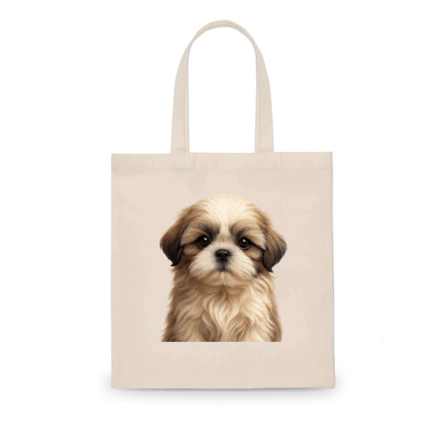 Baby Shih Tzu Puppy - long flowing coat, flat face, big dark eyes, front-facing, royal - Tote Bag - white