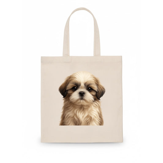 Baby Shih Tzu Puppy - long flowing coat, flat face, big dark eyes, front-facing, royal - Tote Bag - white