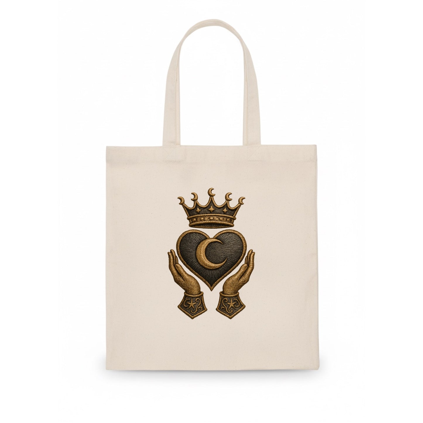 Moonlit crescent crown cradling a hematite heart with stargazer hands cupped beneath. - Tote Bag - white