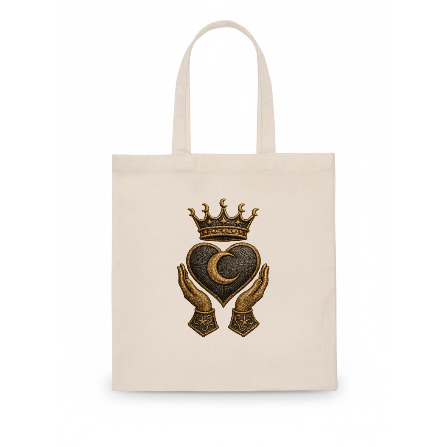 Moonlit crescent crown cradling a hematite heart with stargazer hands cupped beneath. - Tote Bag - white