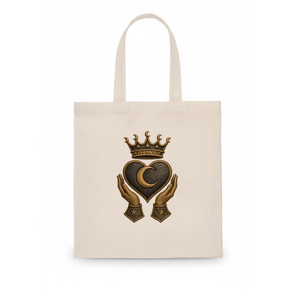 Moonlit crescent crown cradling a hematite heart with stargazer hands cupped beneath. - Tote Bag - white