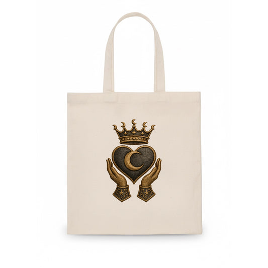 Moonlit crescent crown cradling a hematite heart with stargazer hands cupped beneath. - Tote Bag - white