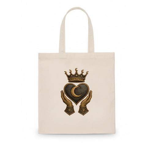 Moonlit crescent crown cradling a hematite heart with stargazer hands cupped beneath. - Tote Bag
