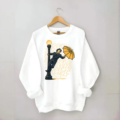 joyful dancing on lamppost in heavy rain with big smile - Crewneck Sweatshirt - white