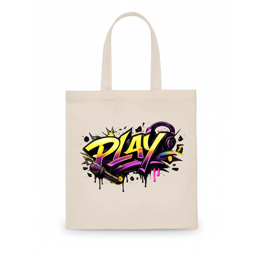 Bold typography design - "PLAY" - creative expression, musical performance - Tote Bag - white