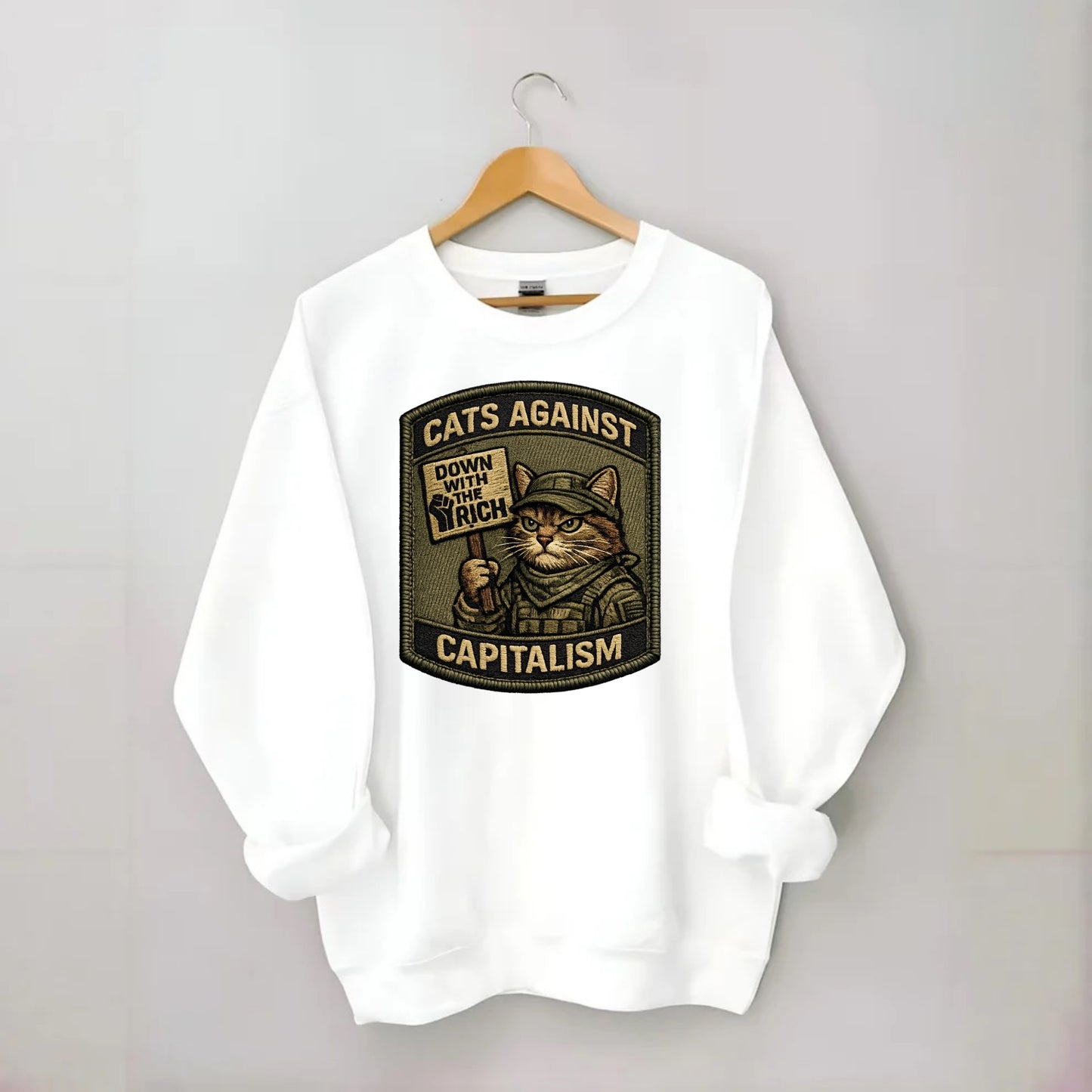 CATS AGAINST CAPITALISM - cat with protest sign in red , political cat - Crewneck Sweatshirt - white