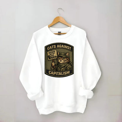 CATS AGAINST CAPITALISM - cat with protest sign in red , political cat - Crewneck Sweatshirt - white