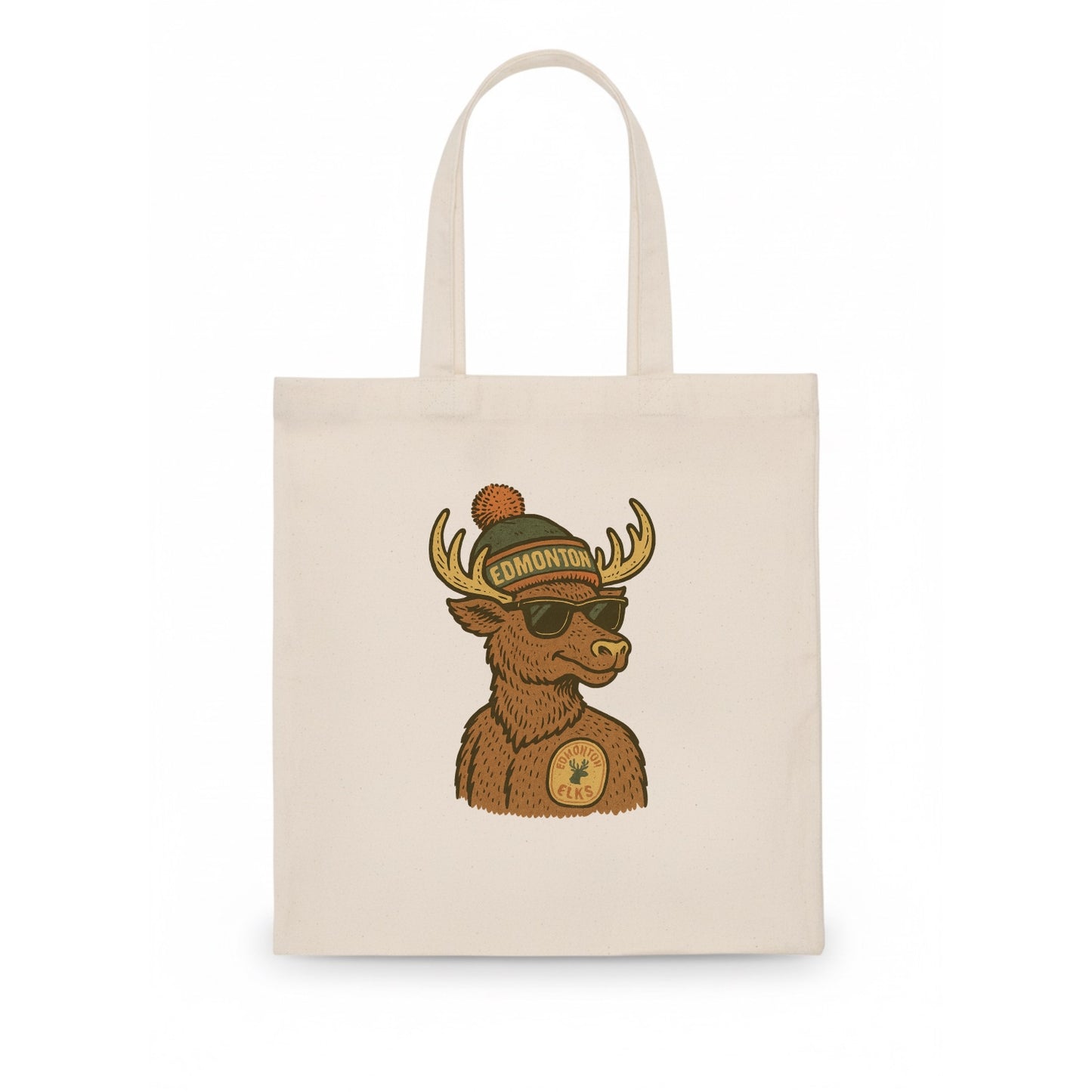 Edmonton Elk wearing Edmonton beanie with pom pom and wayfarer sunglasses - Tote Bag - white