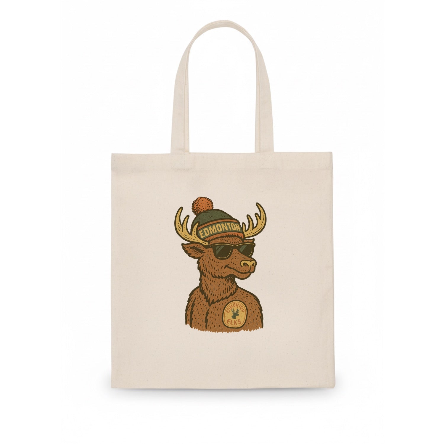Edmonton Elk wearing Edmonton beanie with pom pom and wayfarer sunglasses - Tote Bag - white