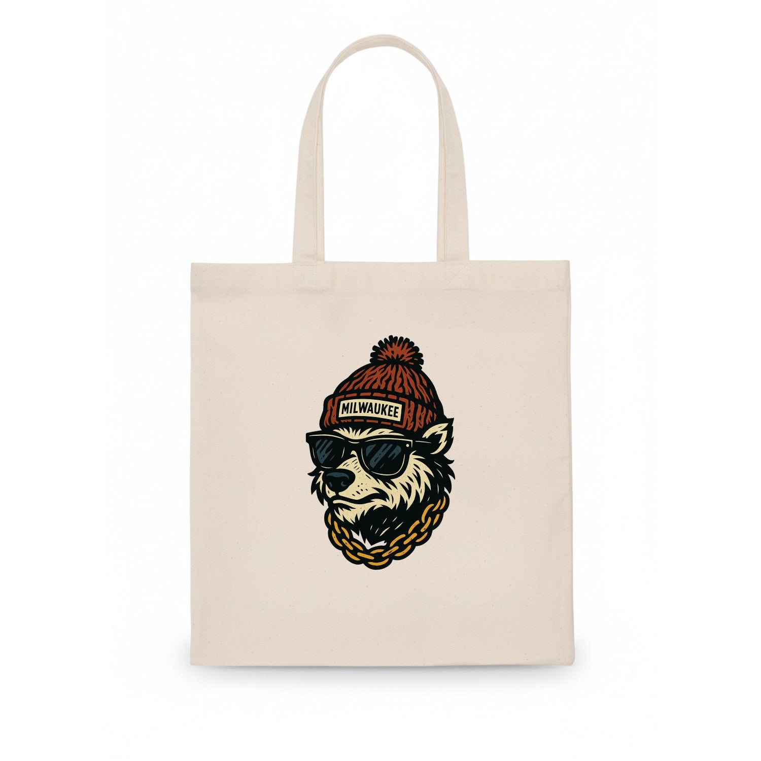 Milwaukee Badger wearing Milwaukee beanie with pom pom and wayfarer sunglasses - Tote Bag - white