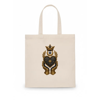 Crowned heart with Art Deco sunburst crown and geometric filigree hands cradling the - Tote Bag - white