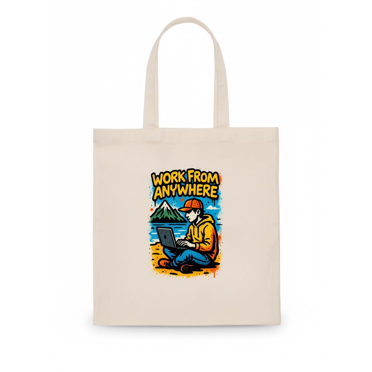 Digital nomad with laptop on beach/mountain - work from anywhere lifestyle, location - Tote Bag - white