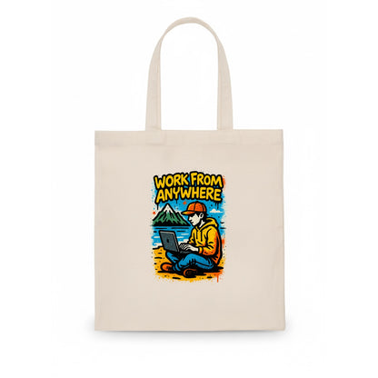 Digital nomad with laptop on beach/mountain - work from anywhere lifestyle, location - Tote Bag - white