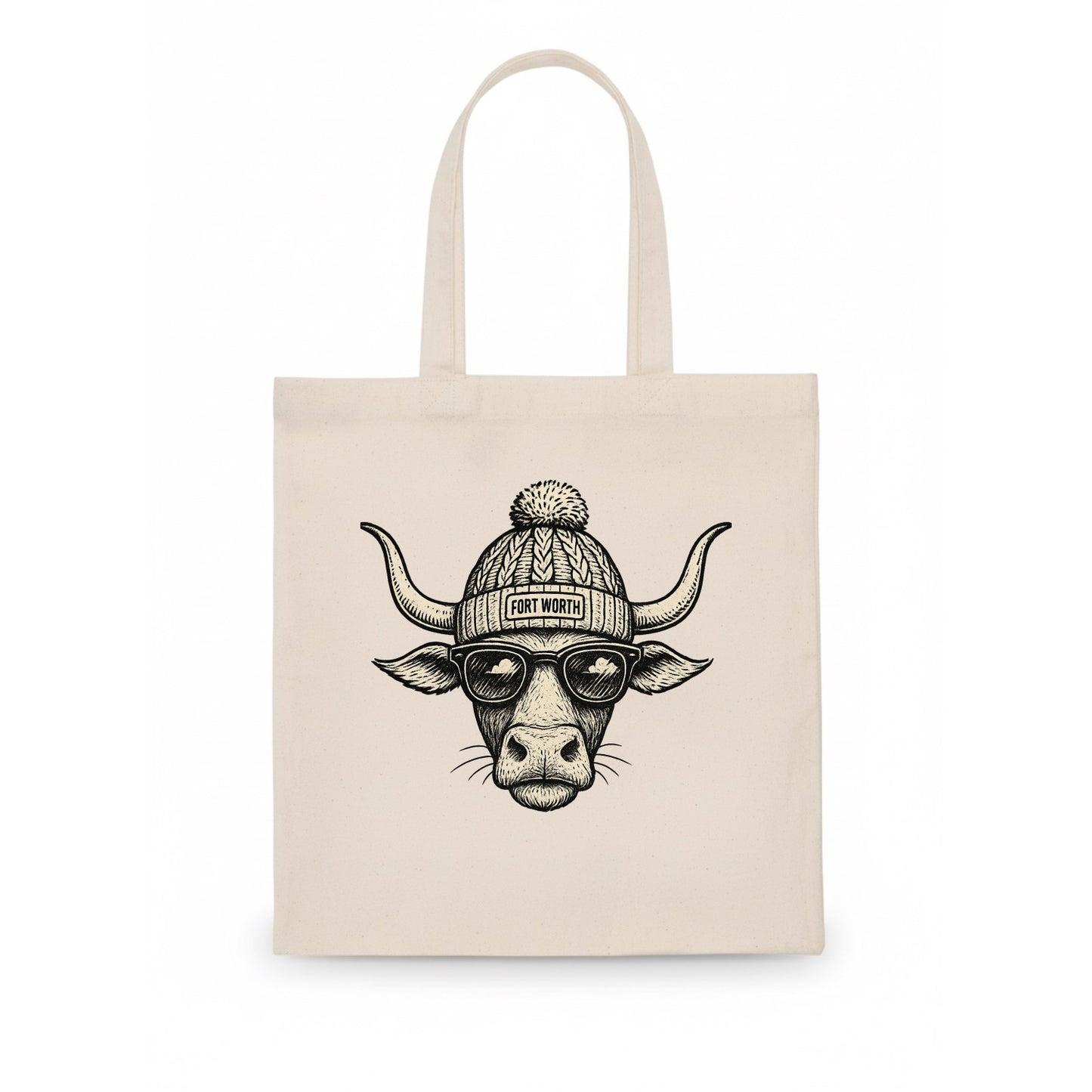 Fort Worth Longhorn wearing Fort Worth beanie with pom pom and wayfarer sunglasses - Tote Bag - white