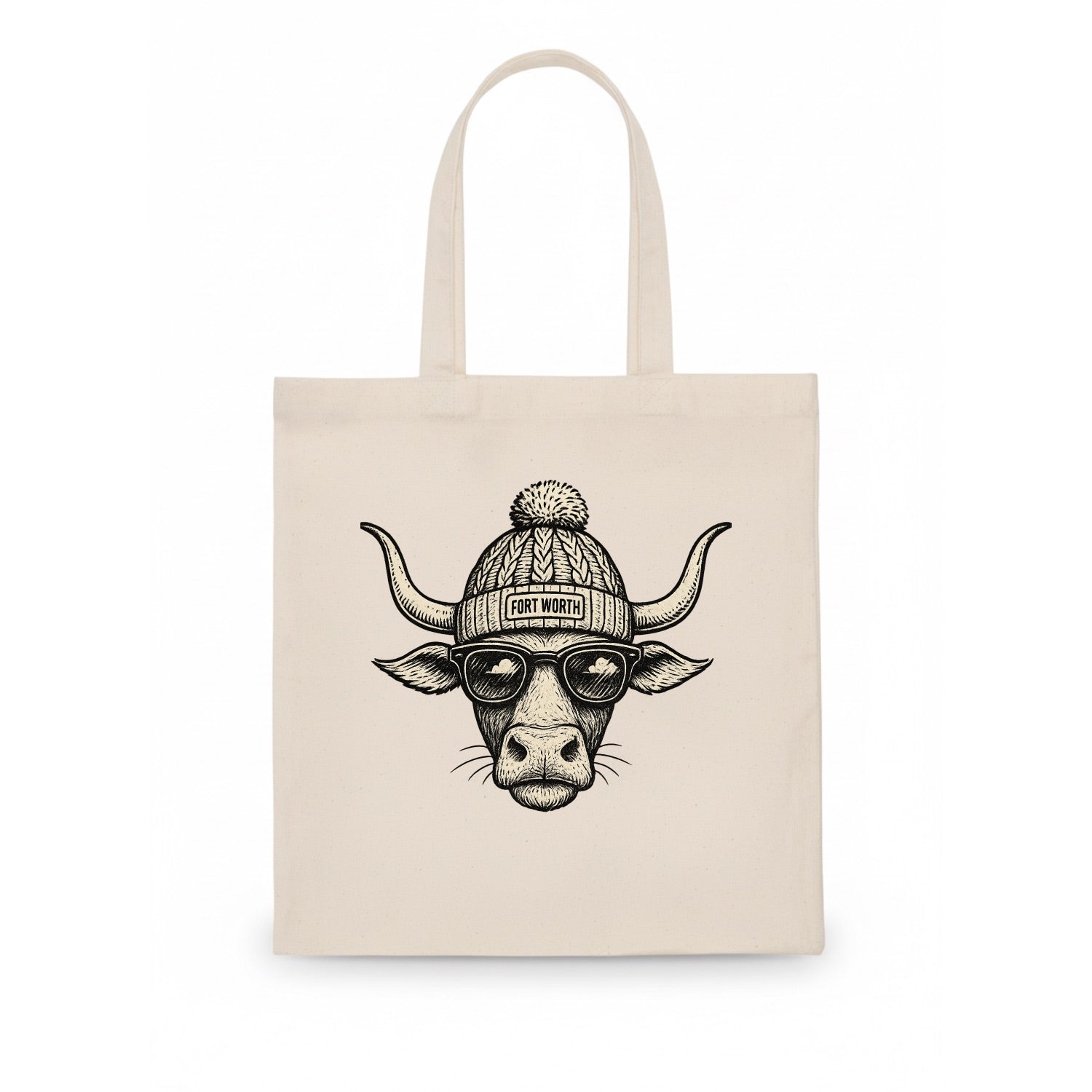 Fort Worth Longhorn wearing Fort Worth beanie with pom pom and wayfarer sunglasses - Tote Bag - white