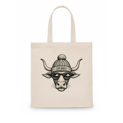 Fort Worth Longhorn wearing Fort Worth beanie with pom pom and wayfarer sunglasses - Tote Bag