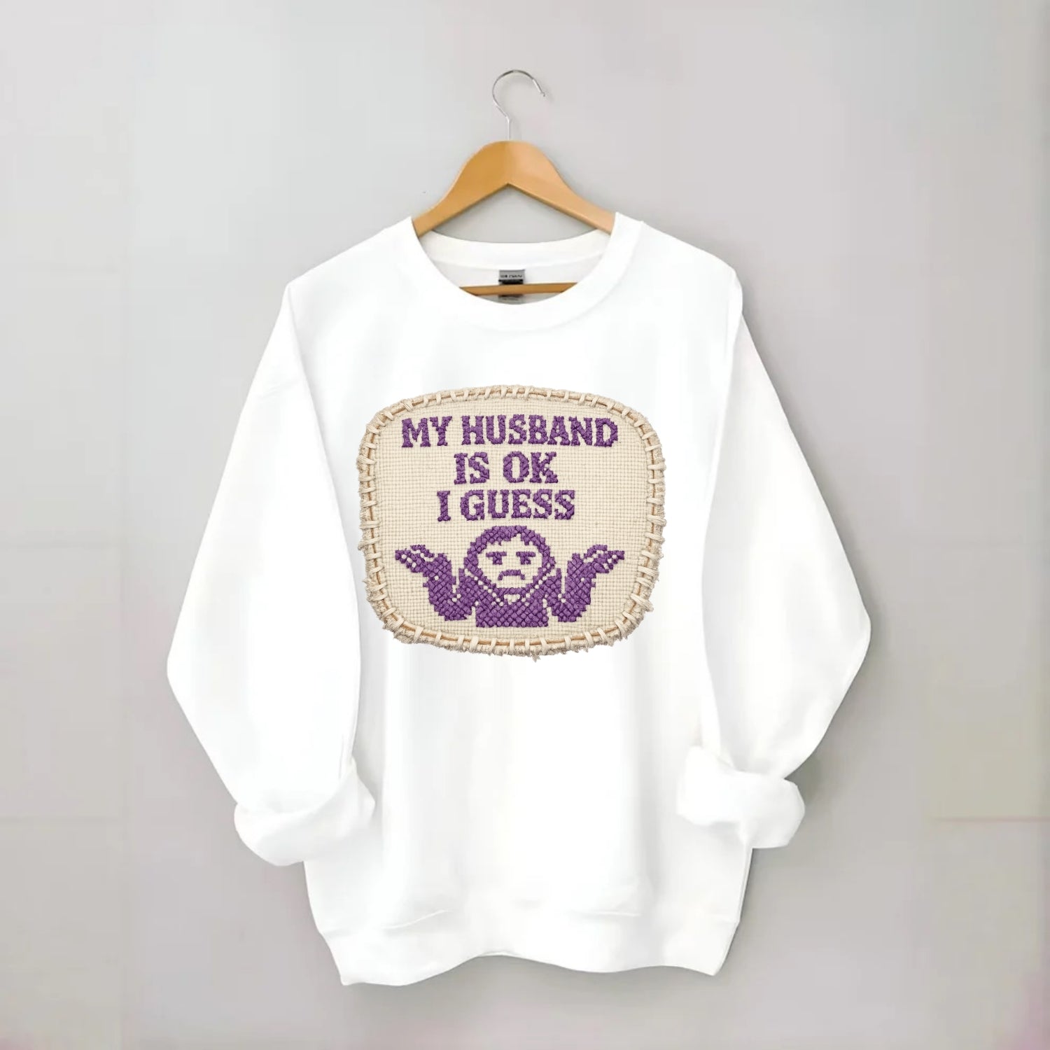 MY HUSBAND IS OK I GUESS - purple ok shrug - purple - mediocre husband - Crewneck Sweatshirt - white