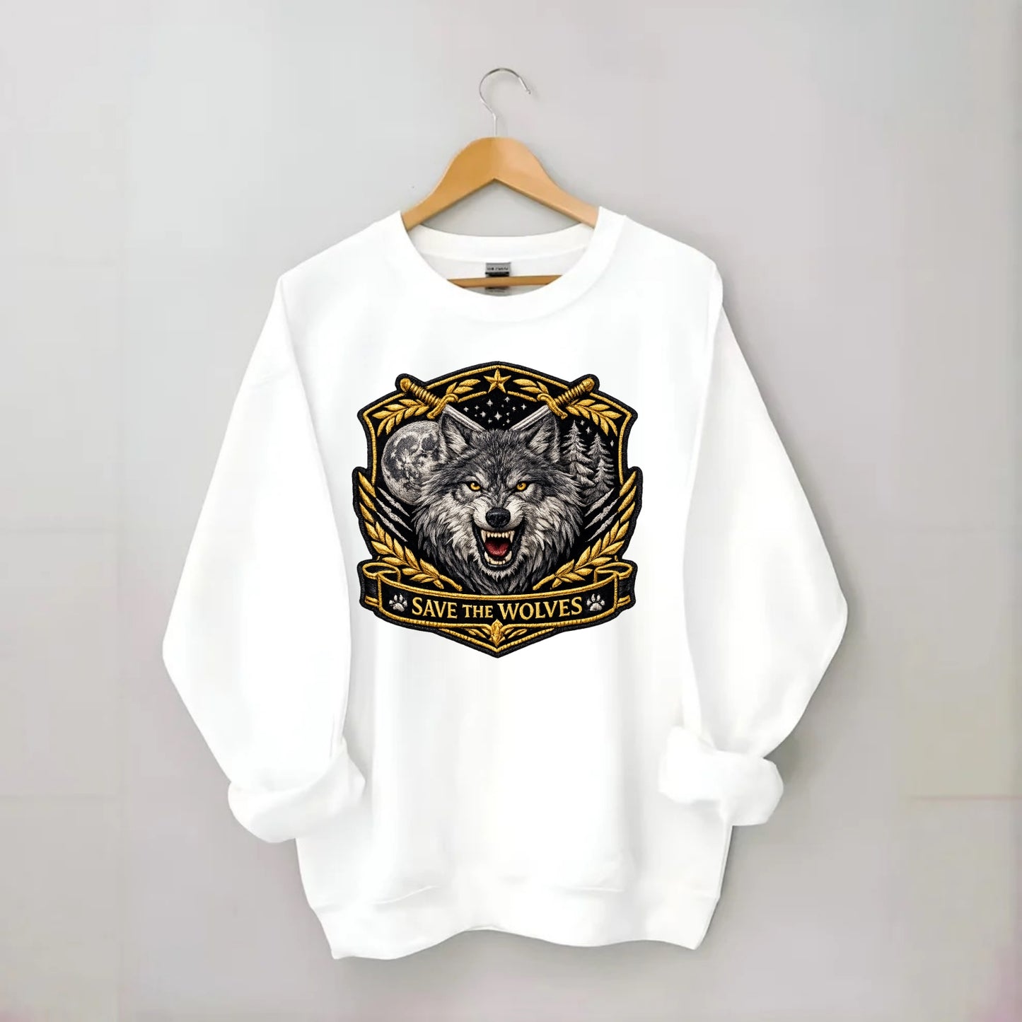 SAVE THE WOLVES - wolf moon in gray , predator protection - Crewneck Sweatshirt - white