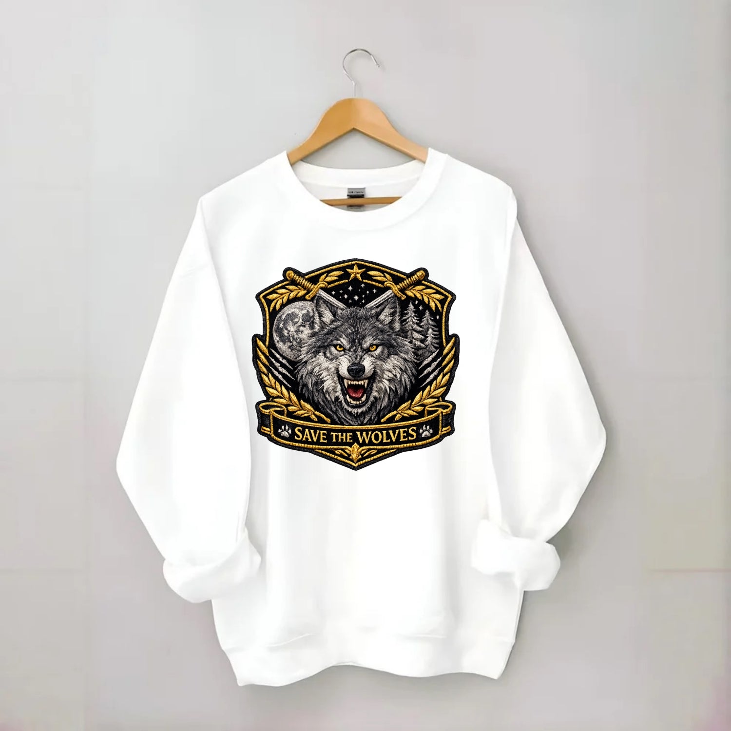 SAVE THE WOLVES - wolf moon in gray , predator protection - Crewneck Sweatshirt - white