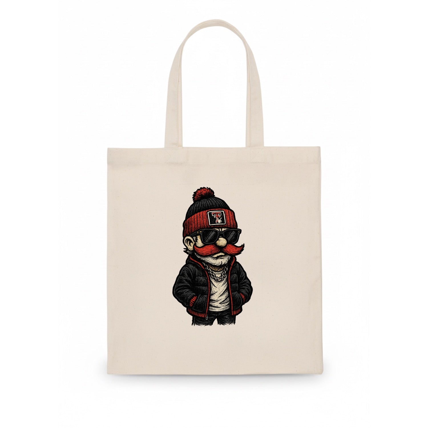 Lubbock Raider wearing Texas Tech beanie with guns up patch - Tote Bag - white