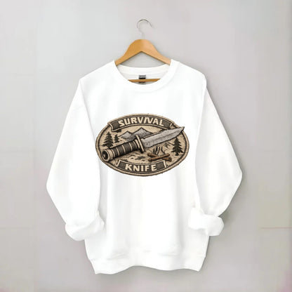 SURVIVAL KNIFE - fixed blade with compass in silver and black , bushcraft - Crewneck Sweatshirt - white