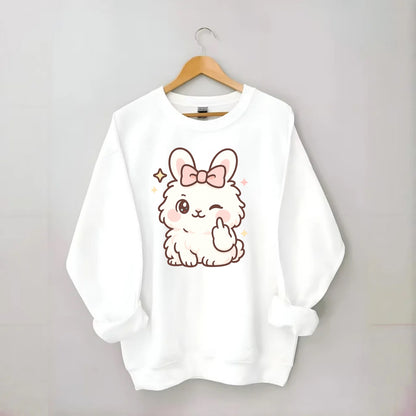 fluffy white angora rabbit with pink bow, one paw delicately flipping off - Crewneck Sweatshirt - white